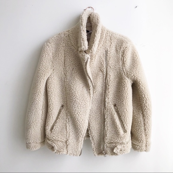 H&M Beige Sherpa Pile Teddy Faux Biker Coat - Picture 7 of 8